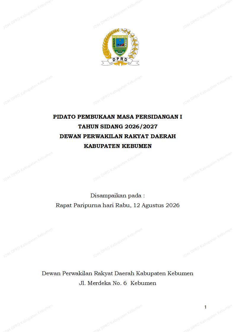 Pidato Pembukaan Masa Persidangan I Tahun Sidang 2026/2027 DPRD Kabupaten Kebumen